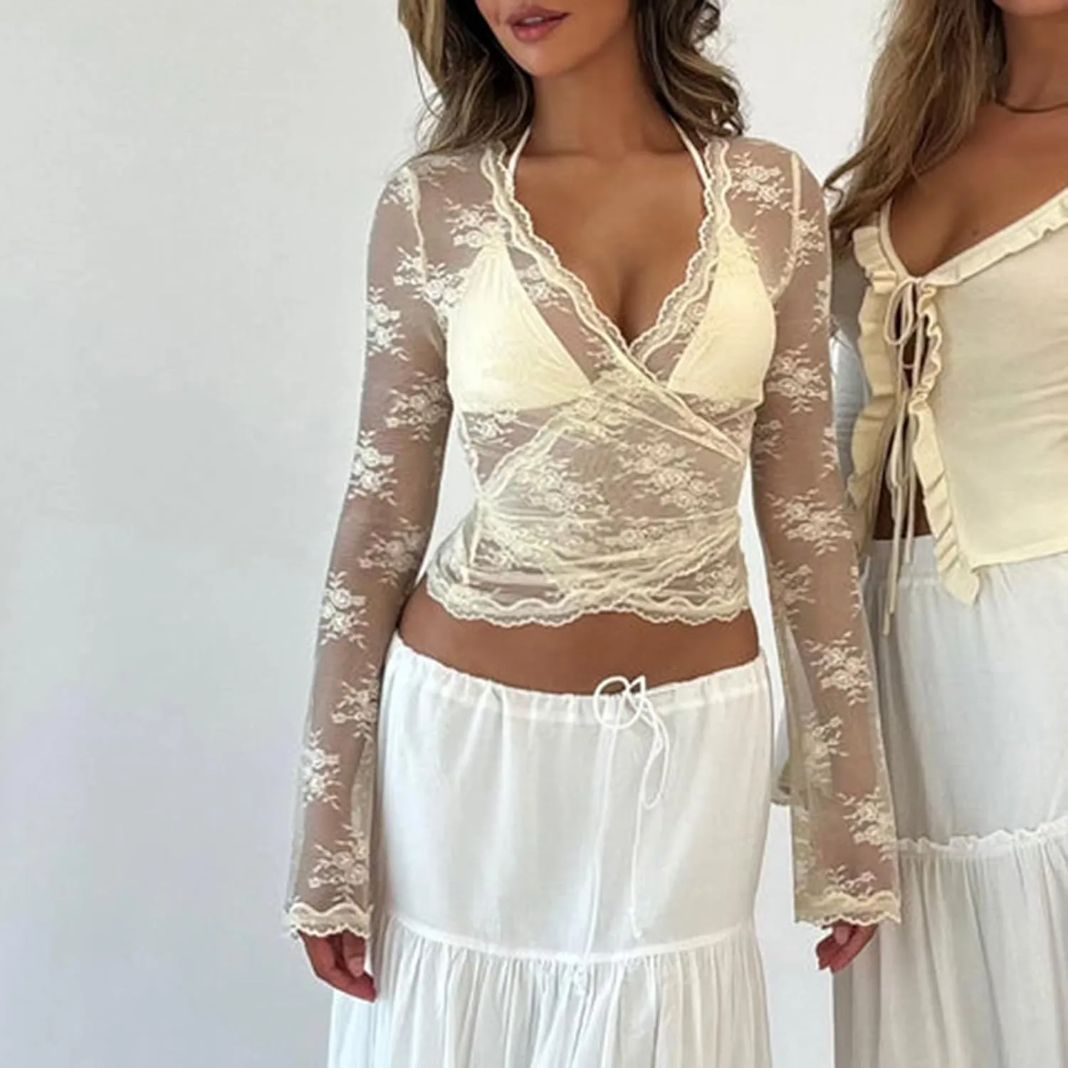 Women's Y2K Long Sleeve Sheer Mesh Top Deep V Neck Embroidery Floral Lace Top Sexy See Through Going Out Crop Tops
