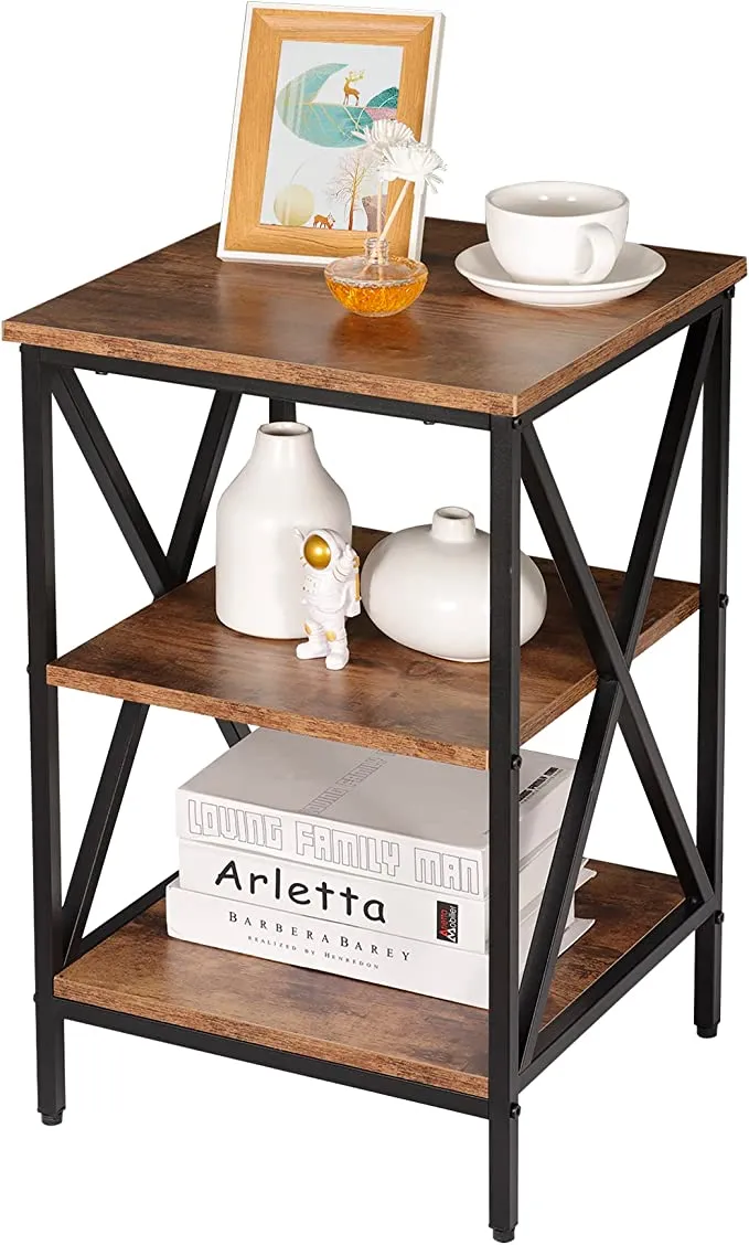 ZENY™ End Table Retro Industrial Nightstand with Storage Shelves 3-Tier Modern Mid Century Wooden Accent Sofa Side Table for Living Room, Bedroom, Office, Grain Finish - Rustic Brown