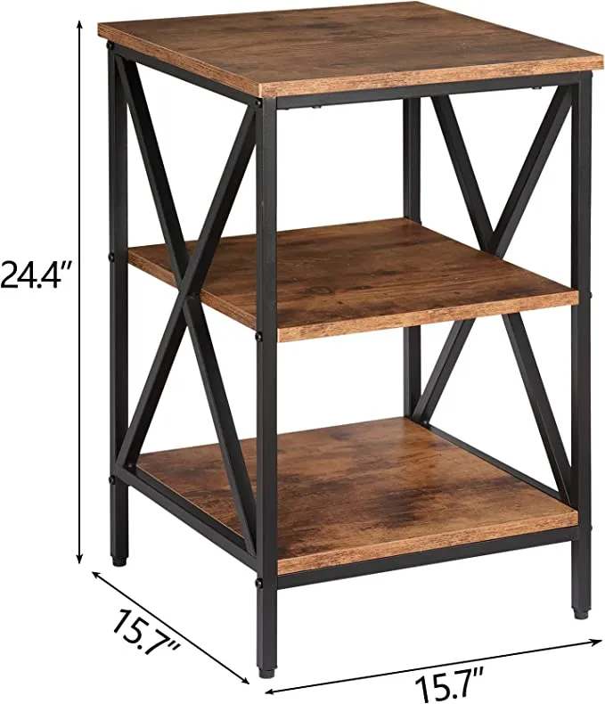 ZENY™ End Table Retro Industrial Nightstand with Storage Shelves 3-Tier Modern Mid Century Wooden Accent Sofa Side Table for Living Room, Bedroom, Office, Grain Finish - Rustic Brown