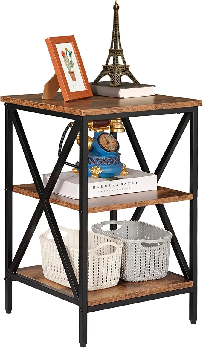 ZENY™ End Table Retro Industrial Nightstand with Storage Shelves 3-Tier Modern Mid Century Wooden Accent Sofa Side Table for Living Room, Bedroom, Office, Grain Finish - Rustic Brown